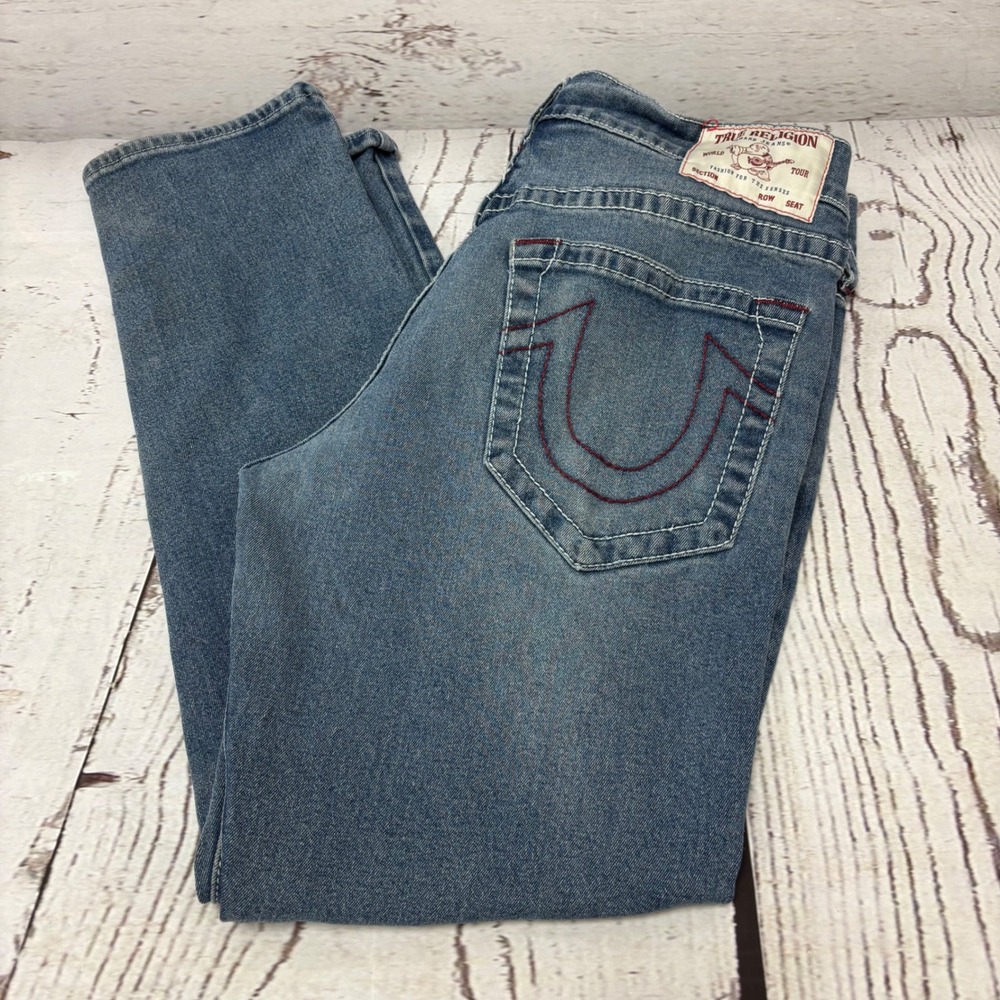 True Religion Rocco Relaxed Skinny Jeans Mens 36 Medium Wash Red Horseshoe Logo